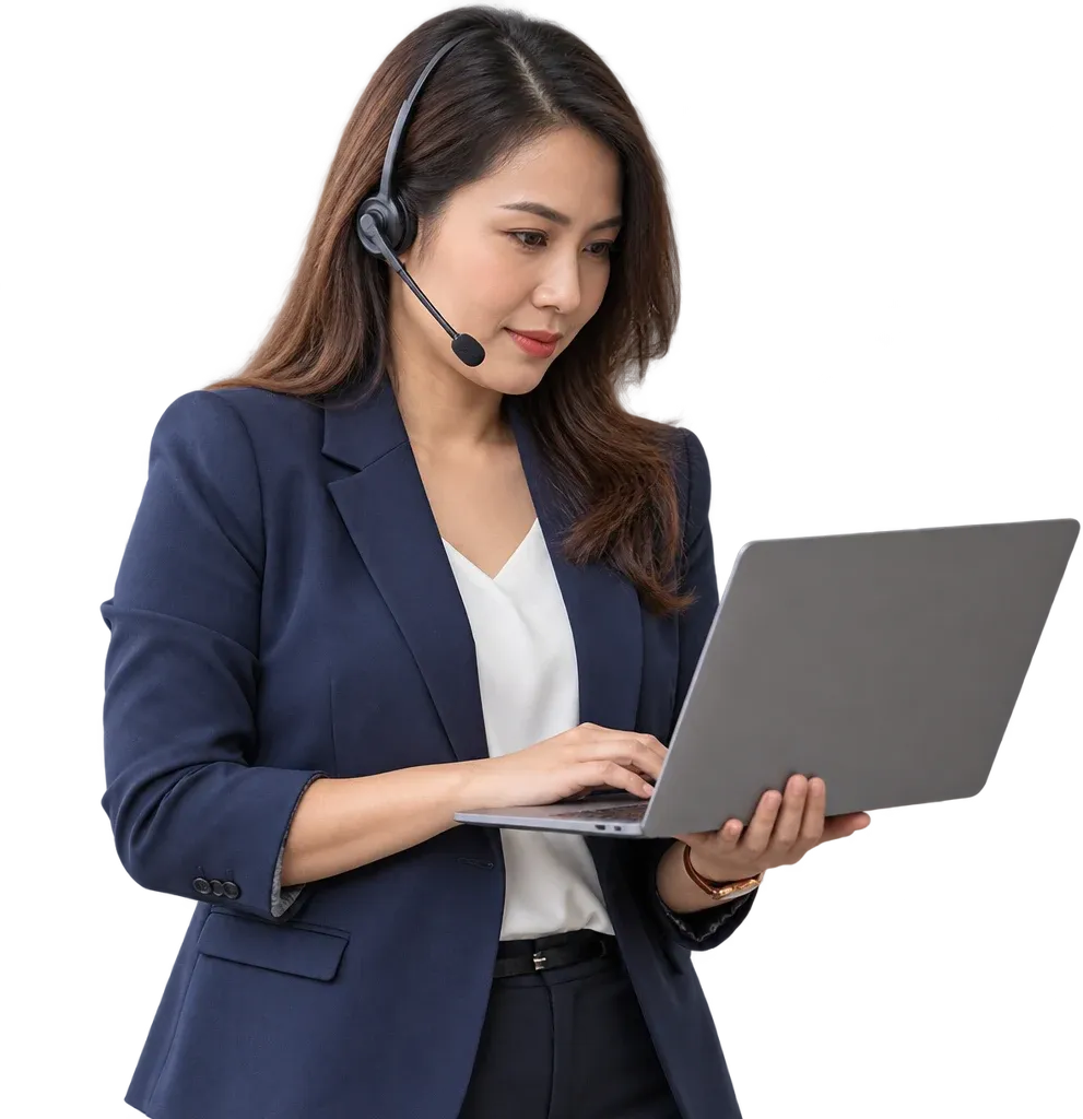 Contact centre supervisor with a headset reviewing live calls on a laptop