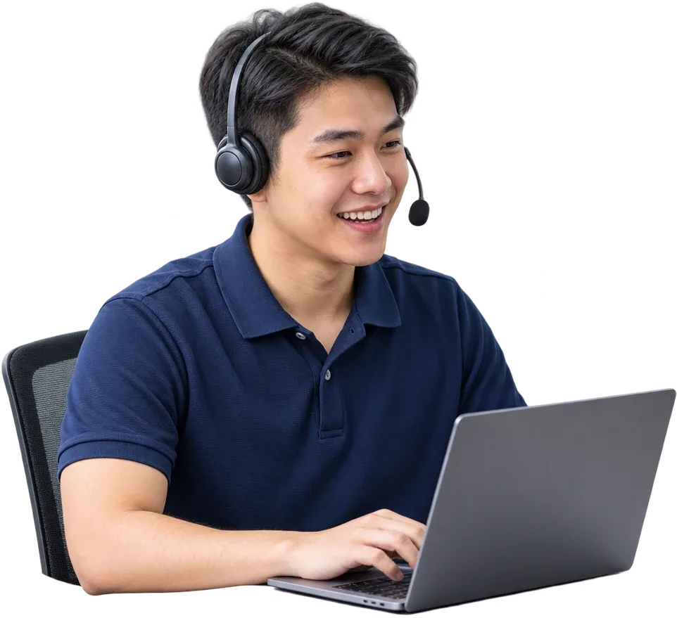 Contact centre agent wearing a headset, mid-conversation