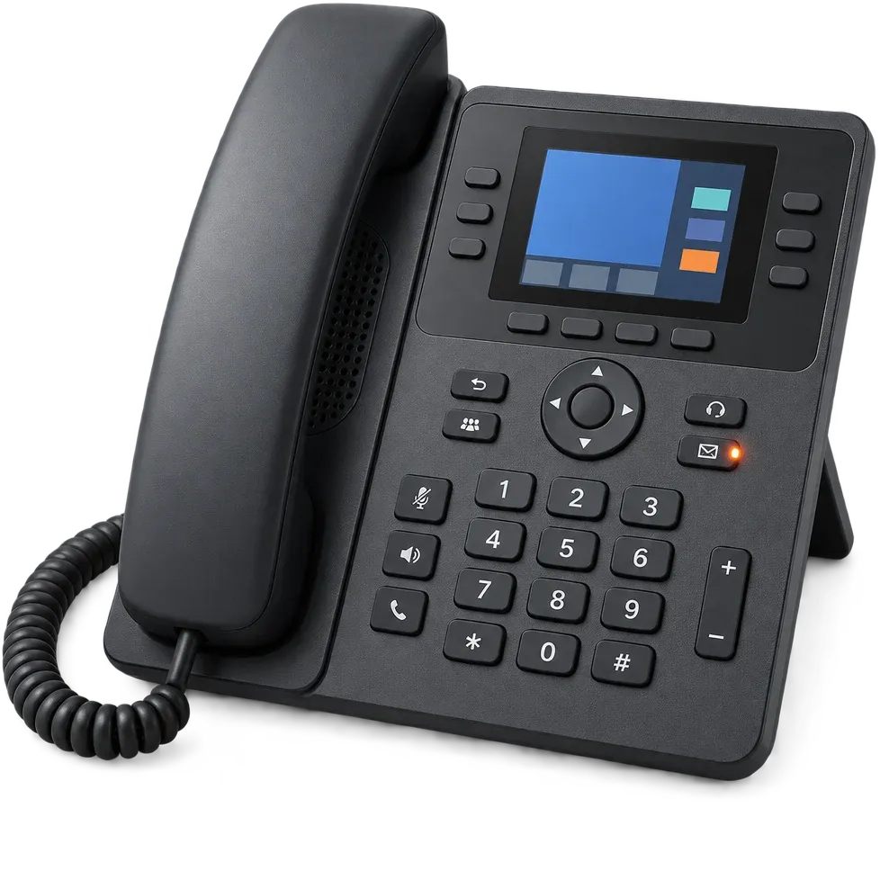 Business IP desk phone with a colour screen and corded handset