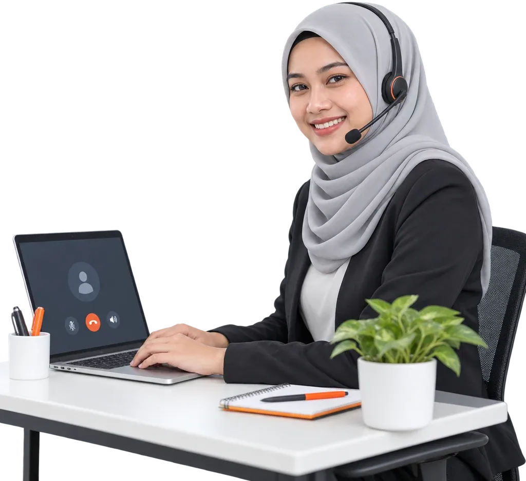 Customer service agent with a headset at a bright Kuala Lumpur office