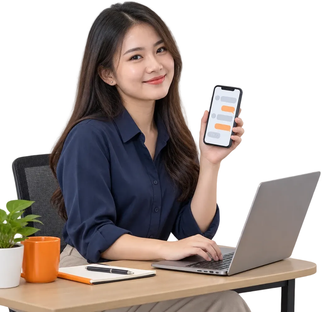 Support agent replying to customer chats on a phone and laptop