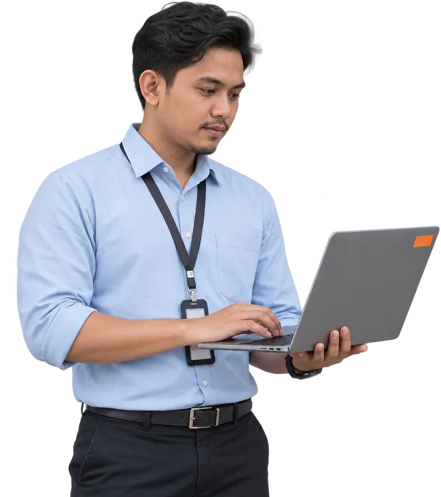 IT support engineer checking a laptop at the service desk