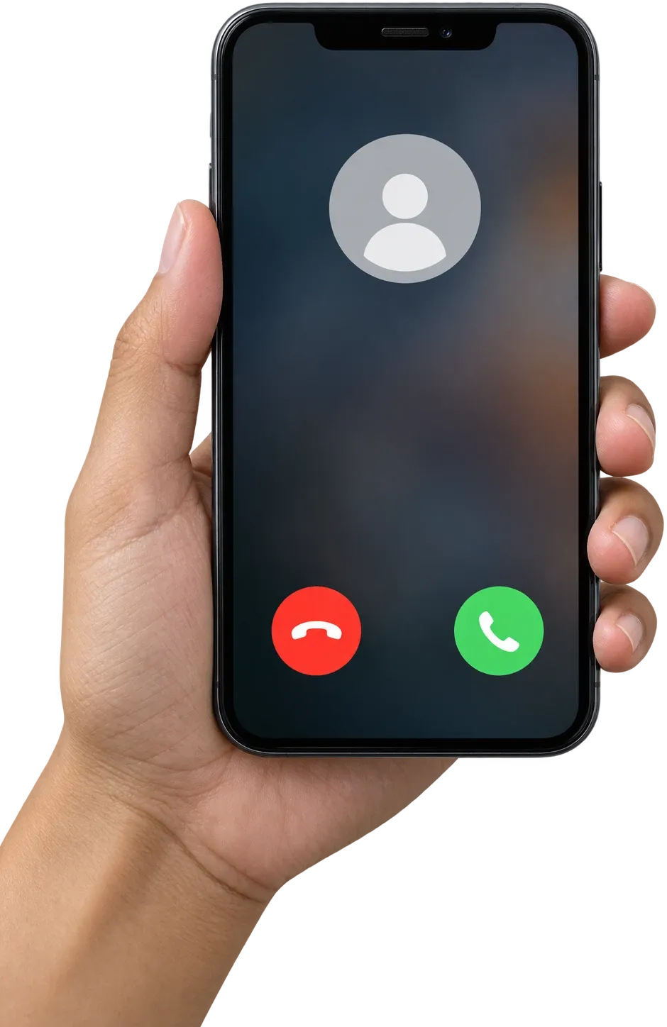 Smartphone in a hand showing an incoming call screen